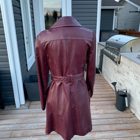 Vintage Di Costa Leather Overcoat Trench Coat Small Burgundy Belted 60s - Picture 8 of 16
